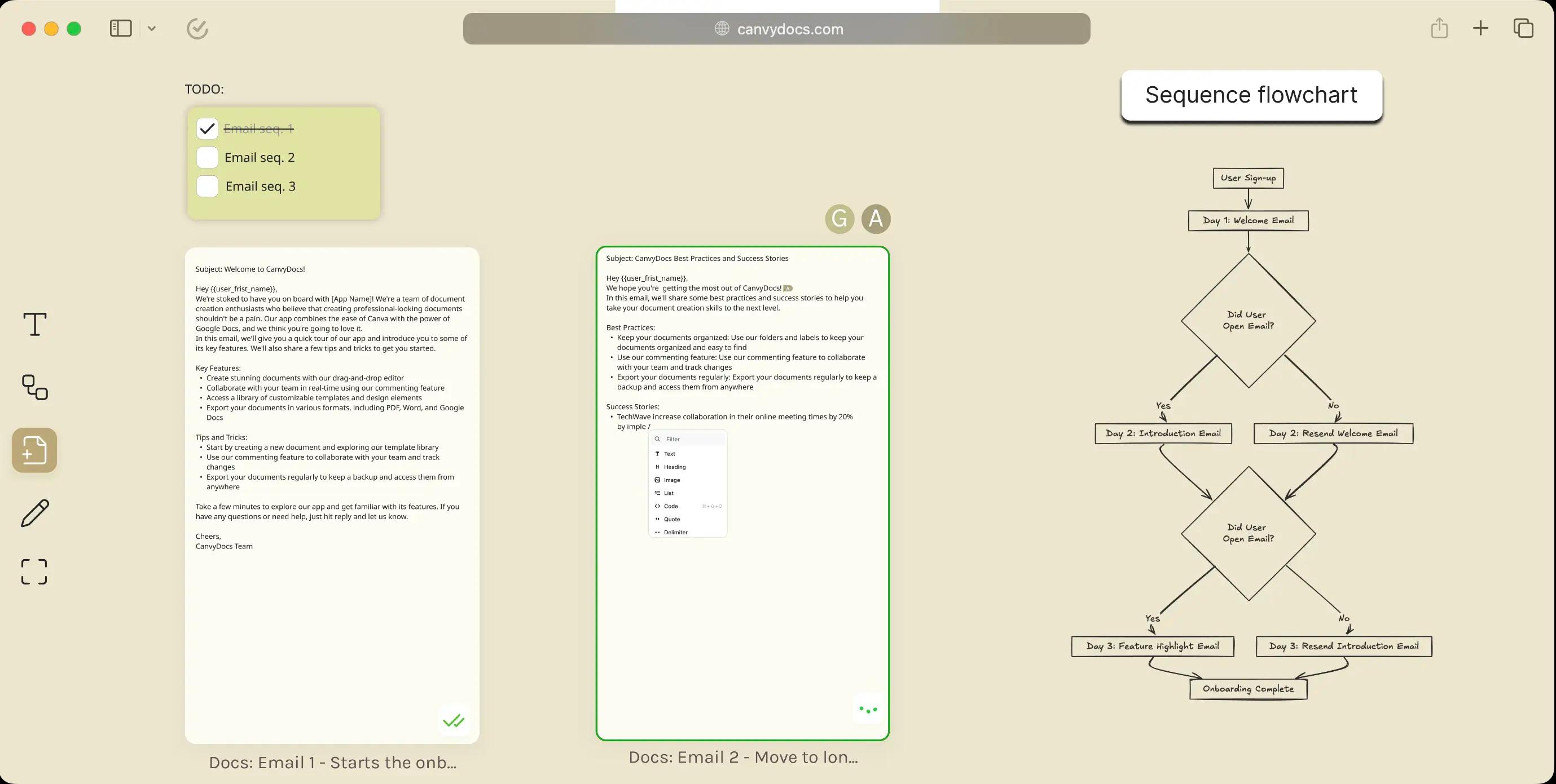 CanvyDocs screenshot with flowchat, todos and google docs open